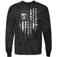 Guns Whiskey Beer & Freedom Distressed American Flag Tie-Dye Long Sleeve Shirt