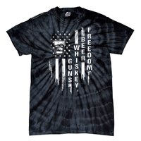 Guns Whiskey Beer & Freedom Distressed American Flag Tie-Dye T-Shirt