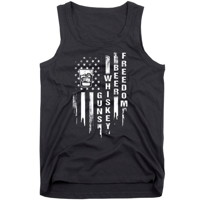 Guns Whiskey Beer & Freedom Distressed American Flag Tank Top