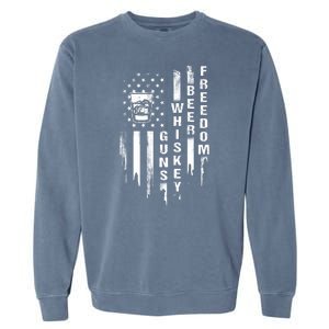 Guns Whiskey Beer & Freedom Distressed American Flag Garment-Dyed Sweatshirt