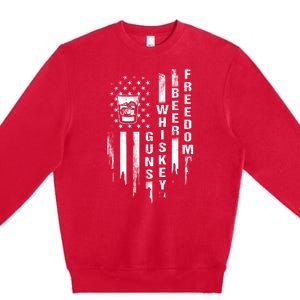 Guns Whiskey Beer & Freedom Distressed American Flag Premium Crewneck Sweatshirt