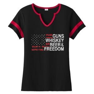 Guns Whiskey Beer And Freedom Veteran US Flag 4th Of July Ladies Halftime Notch Neck Tee