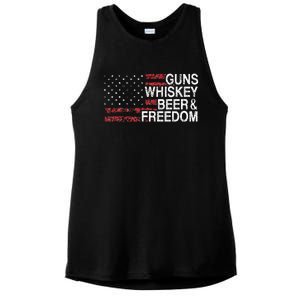 Guns Whiskey Beer And Freedom Veteran US Flag 4th Of July Ladies PosiCharge Tri-Blend Wicking Tank