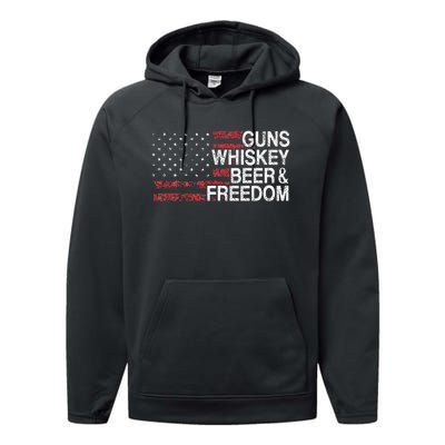 Guns Whiskey Beer And Freedom Veteran US Flag 4th Of July Performance Fleece Hoodie