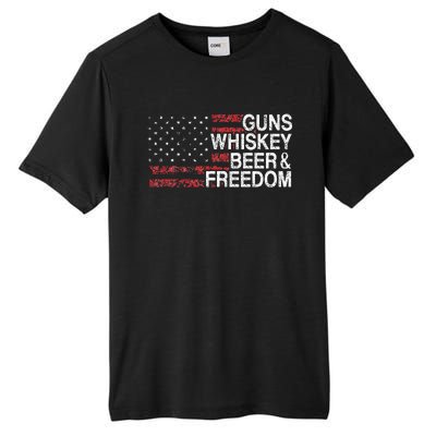 Guns Whiskey Beer And Freedom Veteran US Flag 4th Of July Tall Fusion ChromaSoft Performance T-Shirt