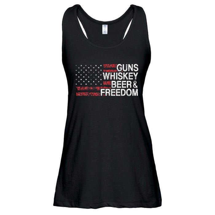 Guns Whiskey Beer And Freedom Veteran US Flag 4th Of July Ladies Essential Flowy Tank