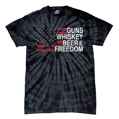 Guns Whiskey Beer And Freedom Veteran US Flag 4th Of July Tie-Dye T-Shirt