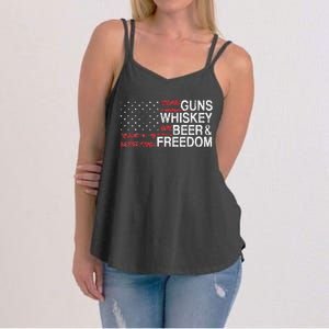 Guns Whiskey Beer And Freedom Veteran US Flag 4th Of July Women's Strappy Tank