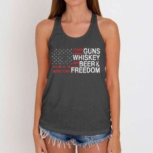 Guns Whiskey Beer And Freedom Veteran US Flag 4th Of July Women's Knotted Racerback Tank