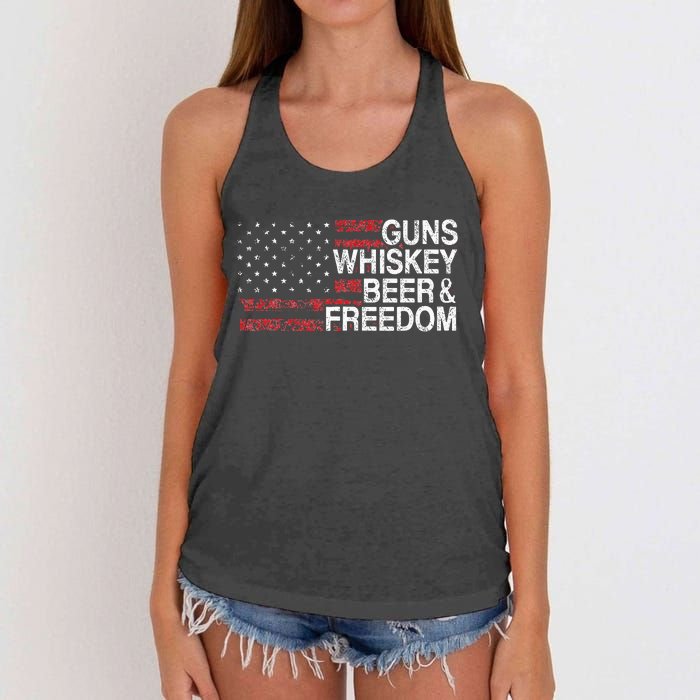 Guns Whiskey Beer And Freedom Veteran US Flag 4th Of July Women's Knotted Racerback Tank