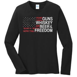 Guns Whiskey Beer And Freedom Veteran US Flag 4th Of July Ladies Long Sleeve Shirt