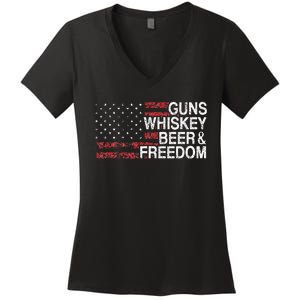 Guns Whiskey Beer And Freedom Veteran US Flag 4th Of July Women's V-Neck T-Shirt