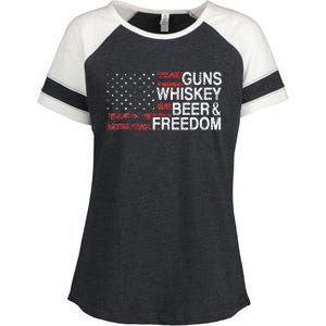 Guns Whiskey Beer And Freedom Veteran US Flag 4th Of July Enza Ladies Jersey Colorblock Tee