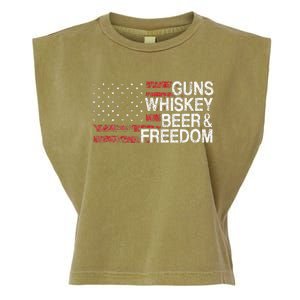 Guns Whiskey Beer And Freedom Veteran US Flag 4th Of July Garment-Dyed Women's Muscle Tee