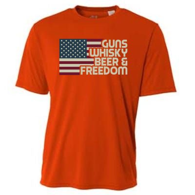 Gun Whisky Beer And Freedom American Flag Funny Vintage Retro Gift Cooling Performance Crew T-Shirt