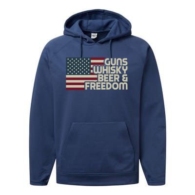 Gun Whisky Beer And Freedom American Flag Funny Vintage Retro Gift Performance Fleece Hoodie