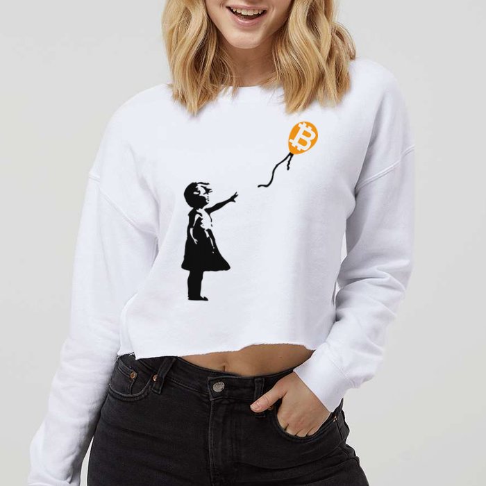 Girl With Btc Balloon Crypto Bitcoin For Cypherpunks Cropped Pullover Crew