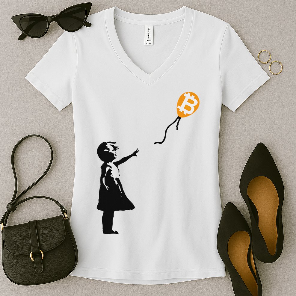 Girl With Btc Balloon Crypto Bitcoin For Cypherpunks Women's V-Neck T-Shirt