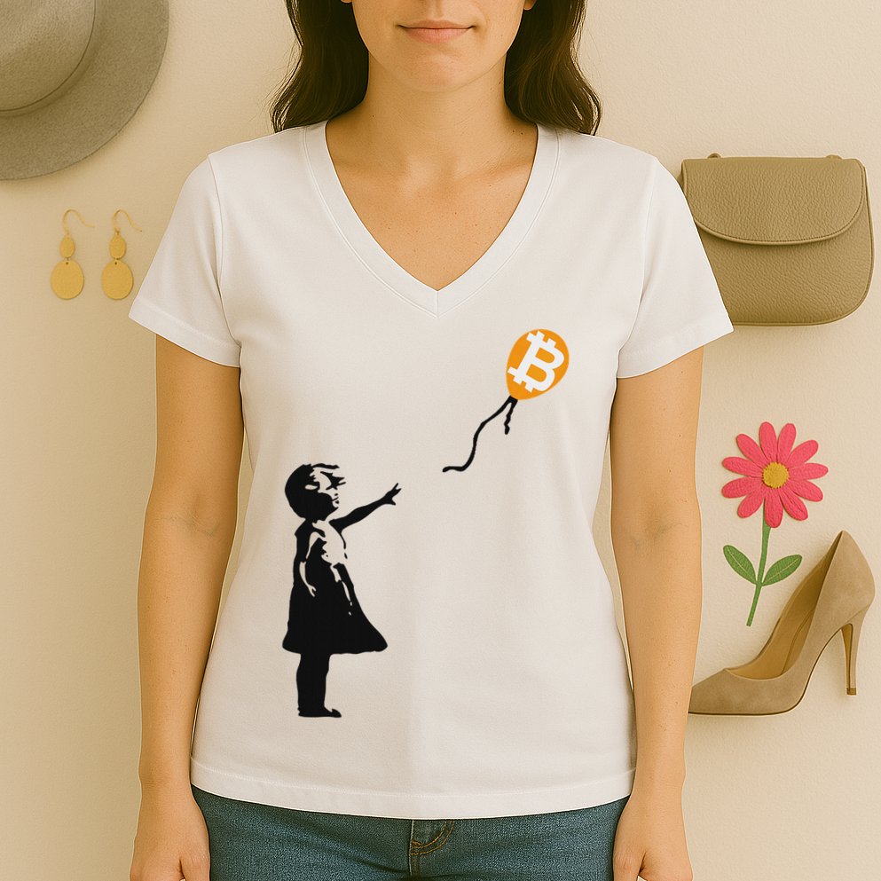 Girl With Btc Balloon Crypto Bitcoin For Cypherpunks Women's V-Neck T-Shirt