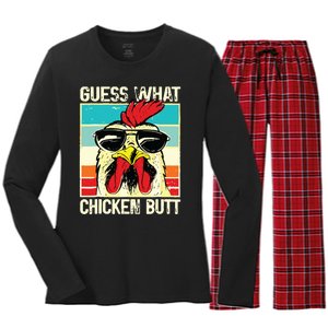 Guess What Chicken Butt Funny Chicken Meme Women's Long Sleeve Flannel Pajama Set 