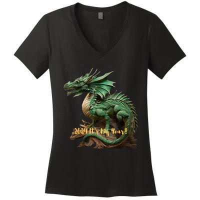 Green Wooden Dragon 2024 ItS My Year Women's V-Neck T-Shirt