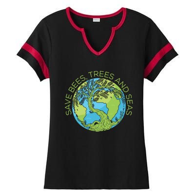 Global Warming Earth Day Save Bees Trees And Seas Great Gift Ladies Halftime Notch Neck Tee