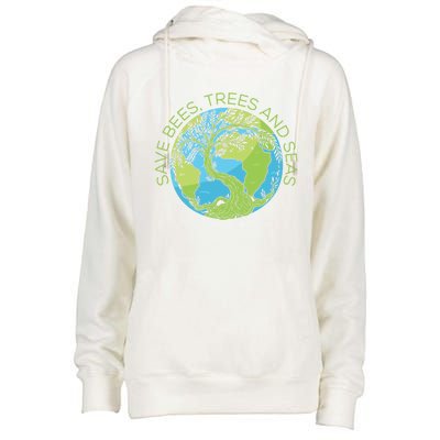 Global Warming Earth Day Save Bees Trees And Seas Great Gift Womens Funnel Neck Pullover Hood