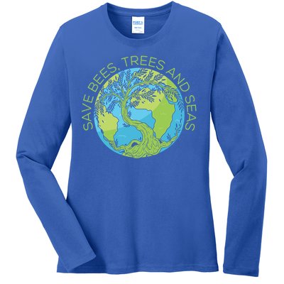 Global Warming Earth Day Save Bees Trees And Seas Great Gift Ladies Long Sleeve Shirt