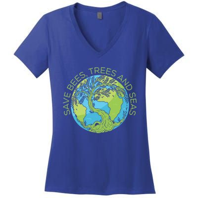 Global Warming Earth Day Save Bees Trees And Seas Great Gift Women's V-Neck T-Shirt