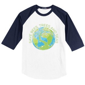 Global Warming Earth Day Save Bees Trees And Seas Great Gift Baseball Sleeve Shirt