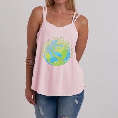 Global Warming Earth Day Save Bees Trees And Seas Great Gift Women's Strappy Tank