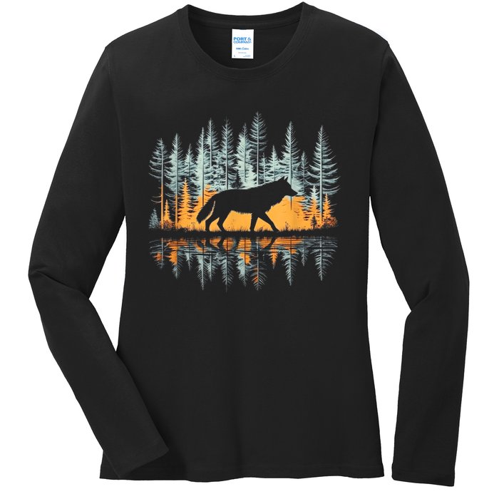 Graphic Wolf Forest Nature Wildlife Outdoor Ladies Long Sleeve Shirt