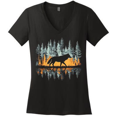 Graphic Wolf Forest Nature Wildlife Outdoor Women's V-Neck T-Shirt