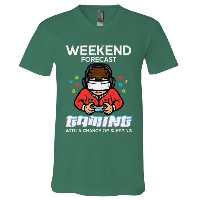 Gamer Weekend Forecast Gaming Sleeping V-Neck T-Shirt