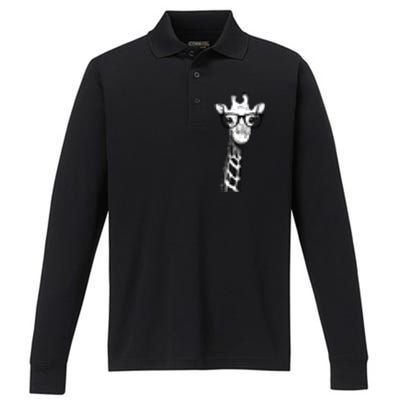 Giraffe With Glasses Gift For Zoo Animal Lovers Performance Long Sleeve Polo