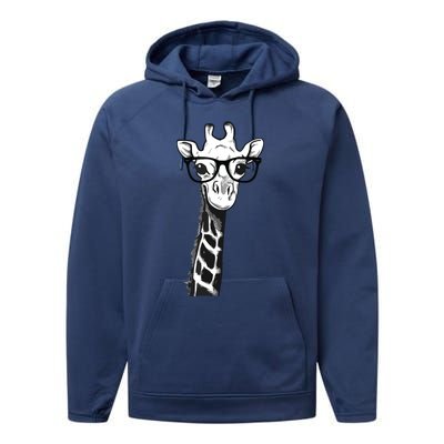 Giraffe With Glasses Gift For Zoo Animal Lovers Performance Fleece Hoodie