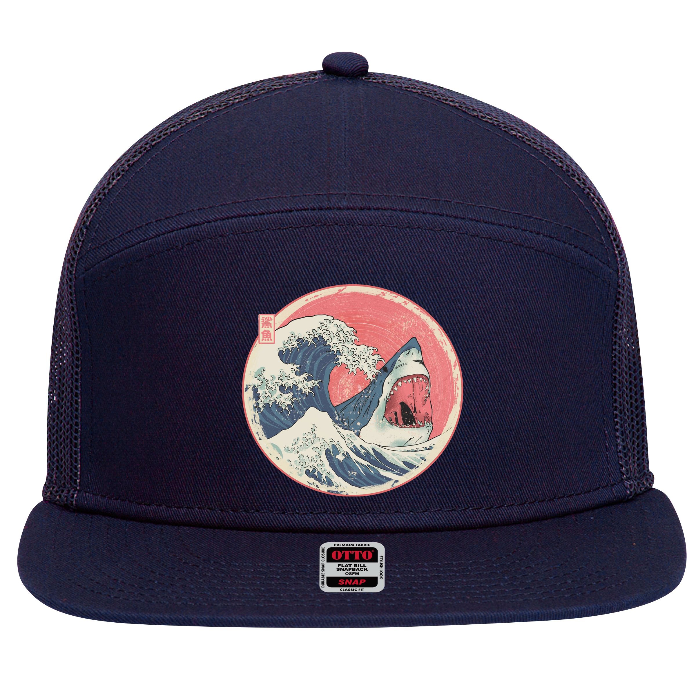 Great Wave Great White Shark Traditional Painting 7 Panel Mesh Trucker Snapback Hat