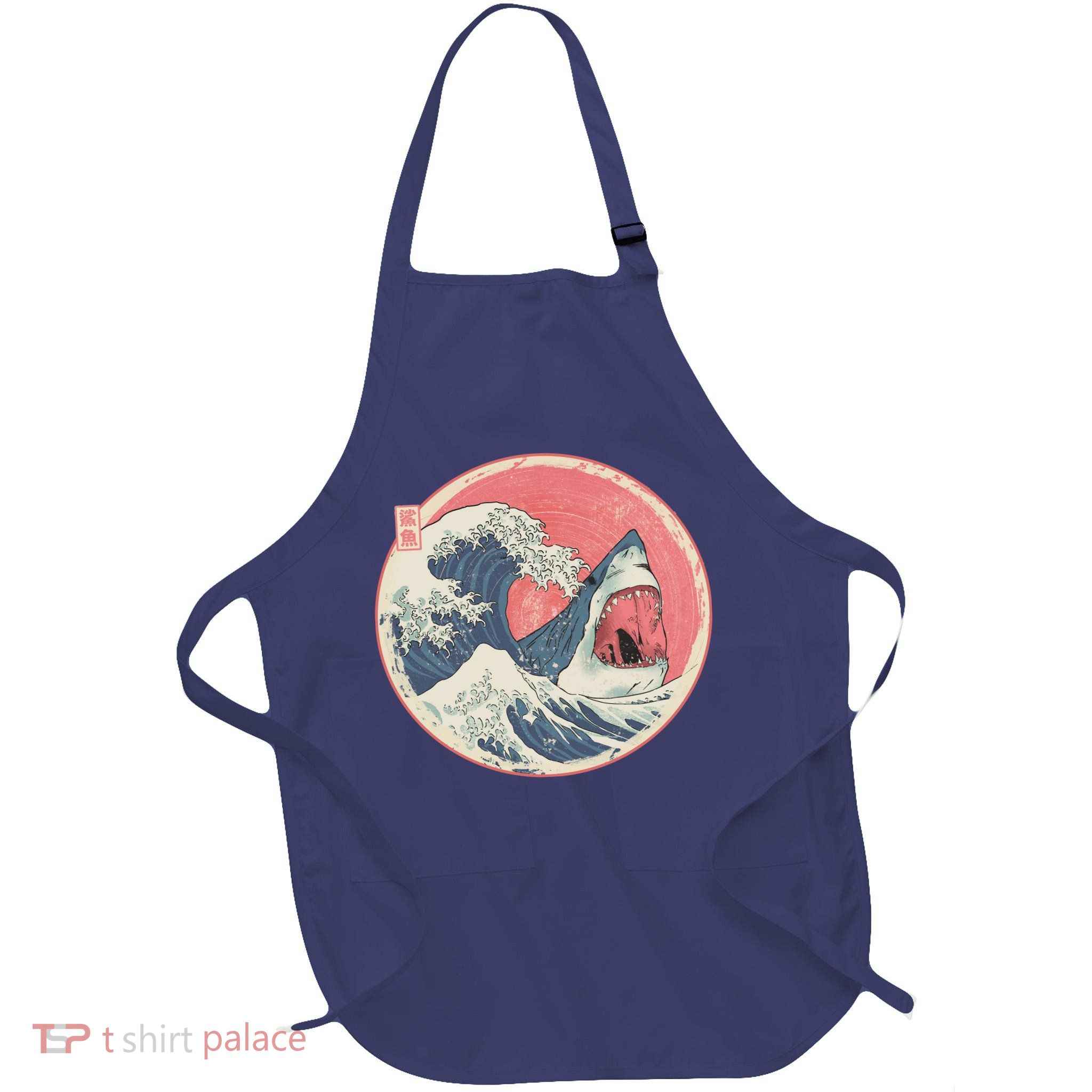 Great Wave Great White Shark Traditional Painting Full-Length Apron With Pockets