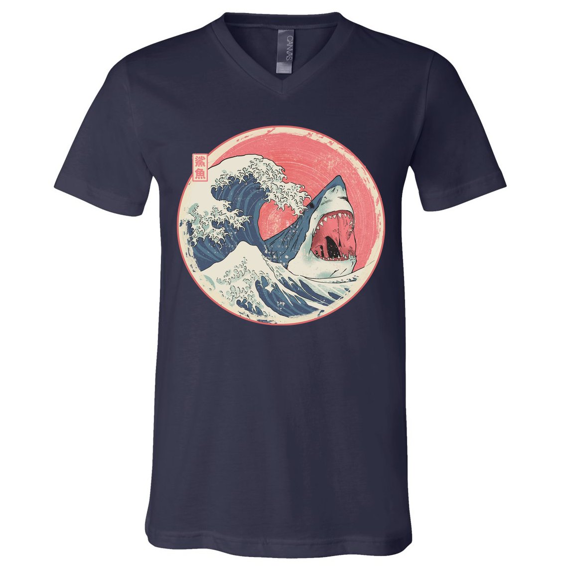 Great Wave Great White Shark Traditional Painting V-Neck T-Shirt