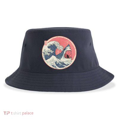 Great Wave Great White Shark Traditional Painting Sustainable Bucket Hat