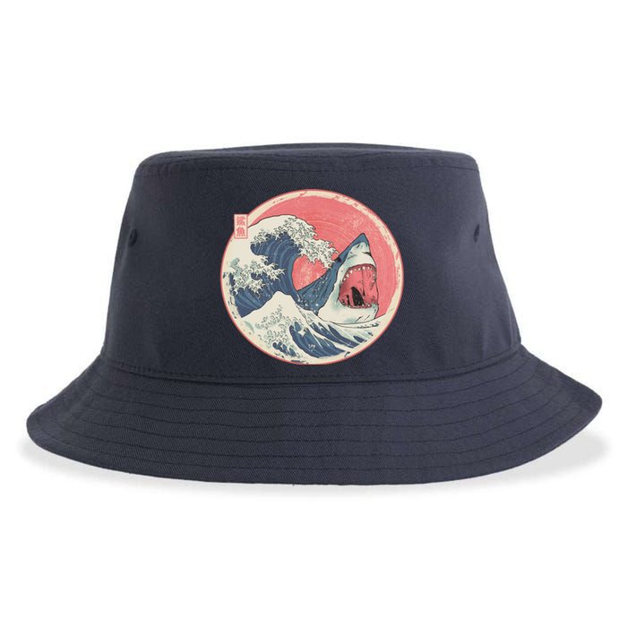 Great Wave Great White Shark Traditional Painting Sustainable Bucket Hat