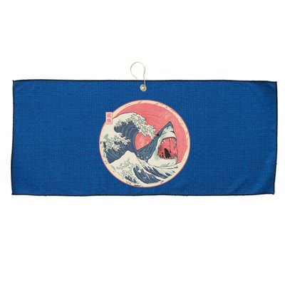 Great Wave Great White Shark Traditional Painting Large Microfiber Waffle Golf Towel