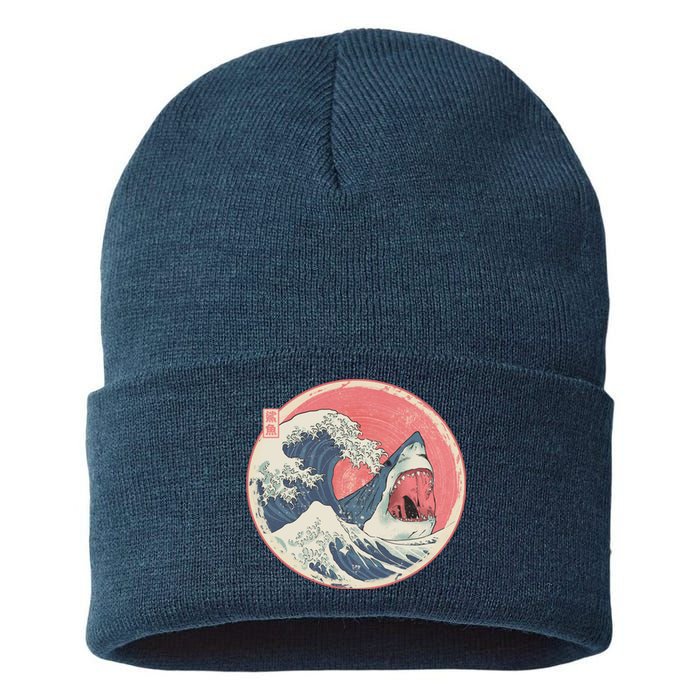 Great Wave Great White Shark Traditional Painting Sustainable Knit Beanie