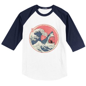 Great Wave Great White Shark Traditional Painting Baseball Sleeve Shirt