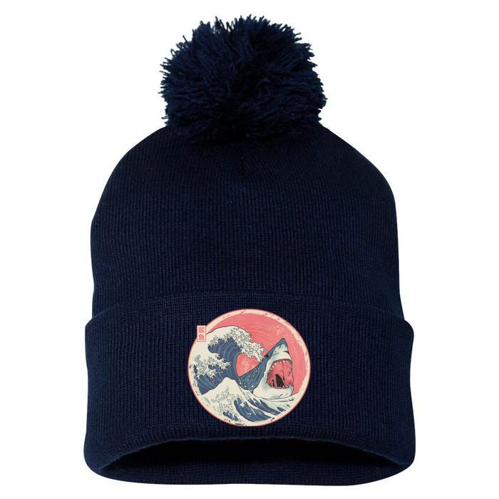 Great Wave Great White Shark Traditional Painting Pom Pom 12in Knit Beanie