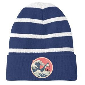 Great Wave Great White Shark Traditional Painting Striped Beanie with Solid Band