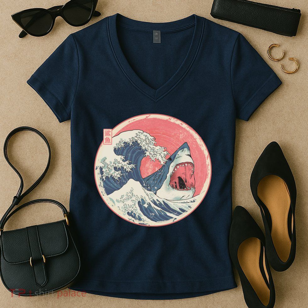 Great Wave Great White Shark Traditional Painting Women's V-Neck T-Shirt