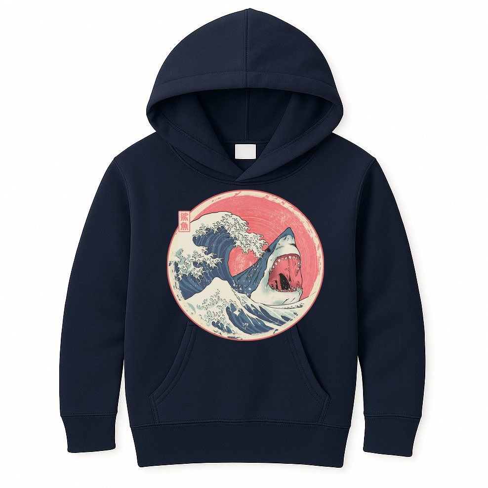 Great Wave Great White Shark Traditional Painting Kids Hoodie
