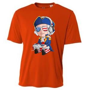 George Washington Gamer Fourth Of July USA Flag Boy Cooling Performance Crew T-Shirt