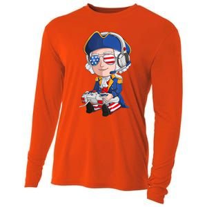 George Washington Gamer Fourth Of July USA Flag Boy Cooling Performance Long Sleeve Crew